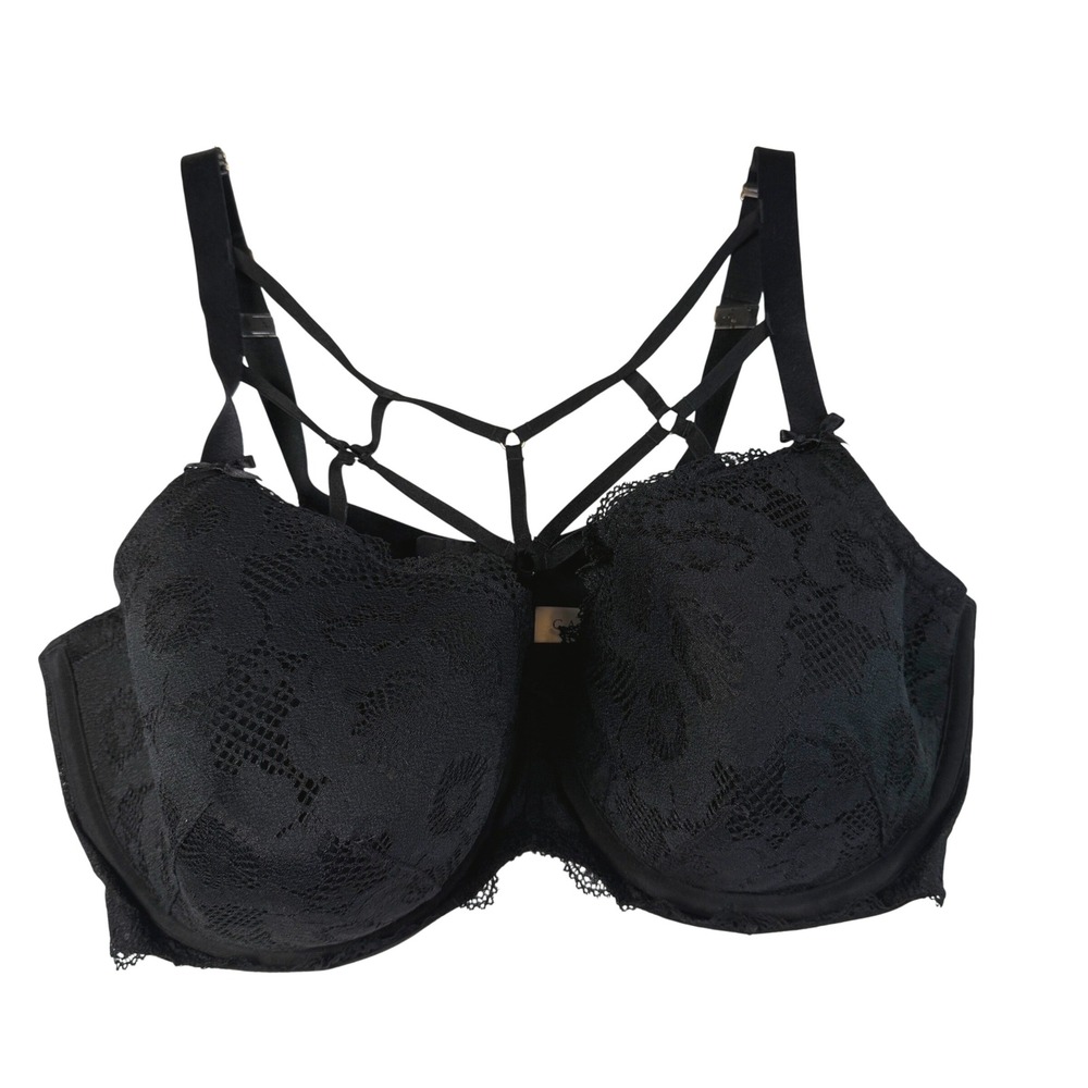 Cacique Black Lace Cage Strap Lightly Lined Balconette Bra 40DDD 610635, 1 Flaw